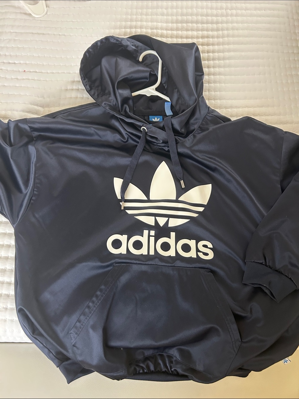 Adidas Navy Trefoil logo satin like Windbreaker Hoodie with White Logo